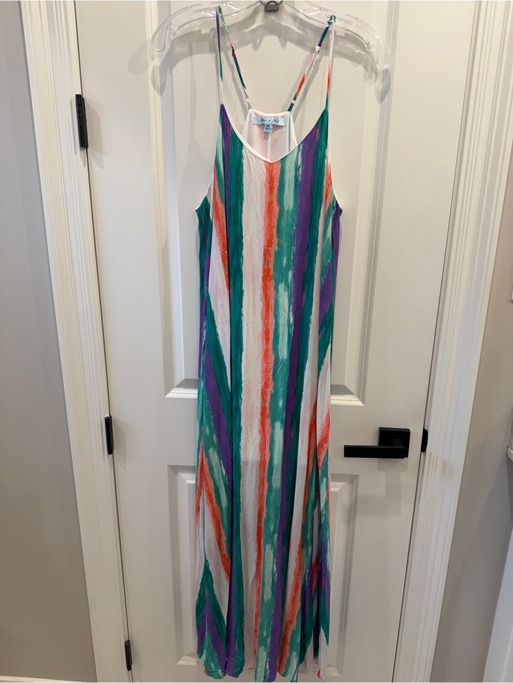She + Sky White Maxi Dress with Teal, Purple & Orange Stripes